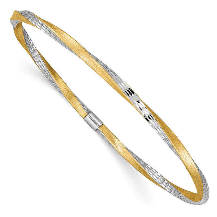 14k and White Rhodium 3mm Satin Diamond-cut Twist Slip-on Bangle