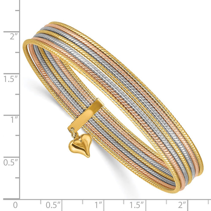 14K w/ Dangle Heart Tri-color Set of 7 Textured Slip-on Bangles