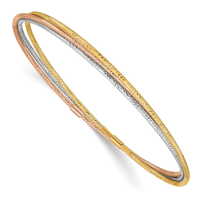 14k Tri-color Diamond-cut 3 Intertwined Slip-on Bangles