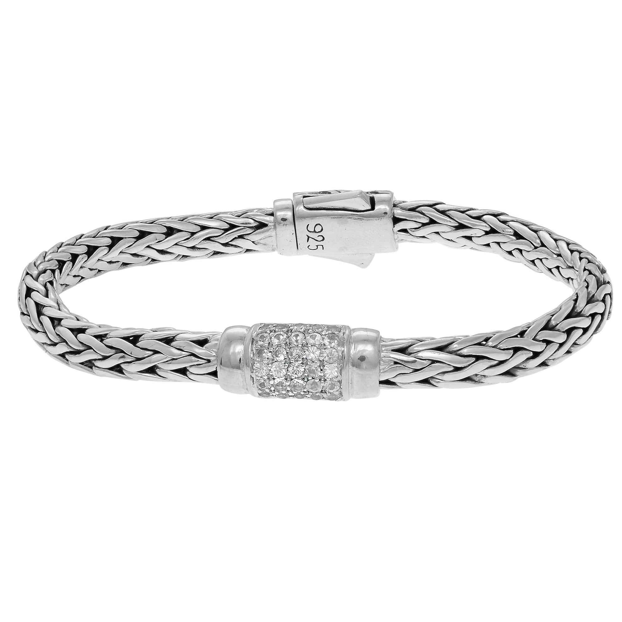 Sterling Silver 7.5 inches 4x6mm Oval Weave Bracelet with Round Faceted ...