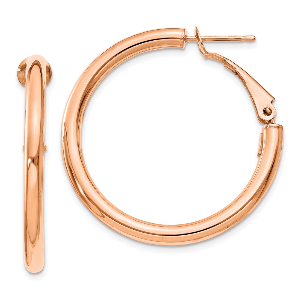14k Rose Gold 3x25mm Polished Round Omega Back Hoop Earrings