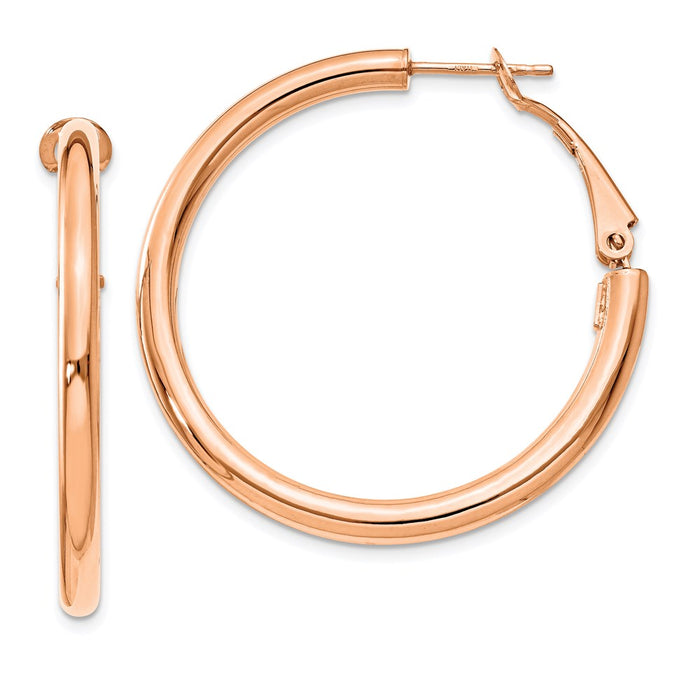 14k Rose Gold 3x30mm Polished Round Omega Back Hoop Earrings