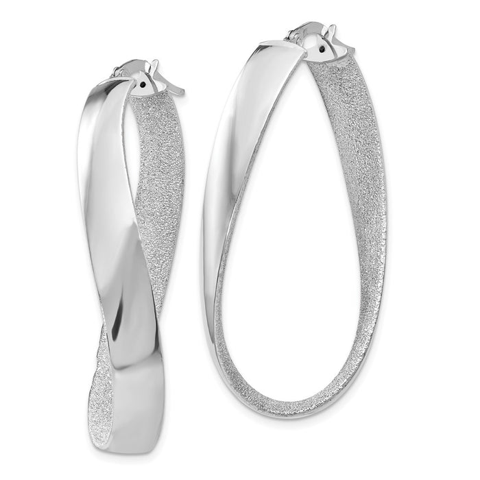 14K White Rhodium Satin and Polished Twisted Hoop Earrings