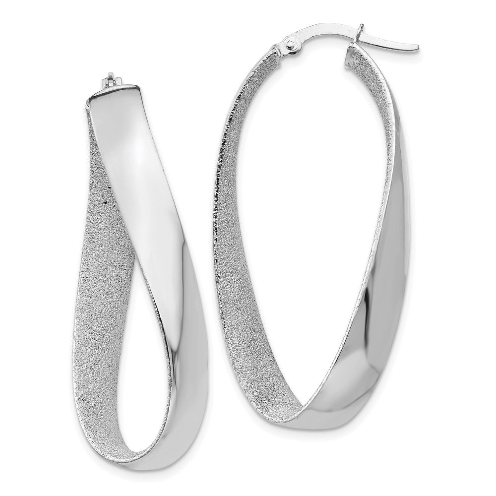 14K White Rhodium Satin and Polished Twisted Hoop Earrings