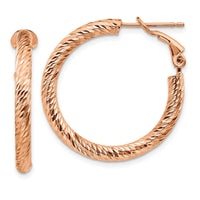 Thumbnail for 14k 3x20mm Rose Gold Diamond-cut Round Omega Back Hoop Earrings