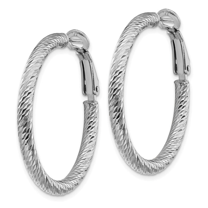 14k 3x25mm White Gold Diamond-cut Round Omega Back Hoop Earrings