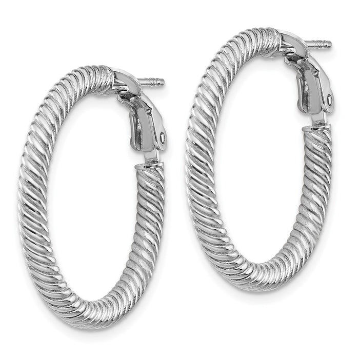 14k 3x20mm White Gold Twisted Round Omega Back Hoop Earrings