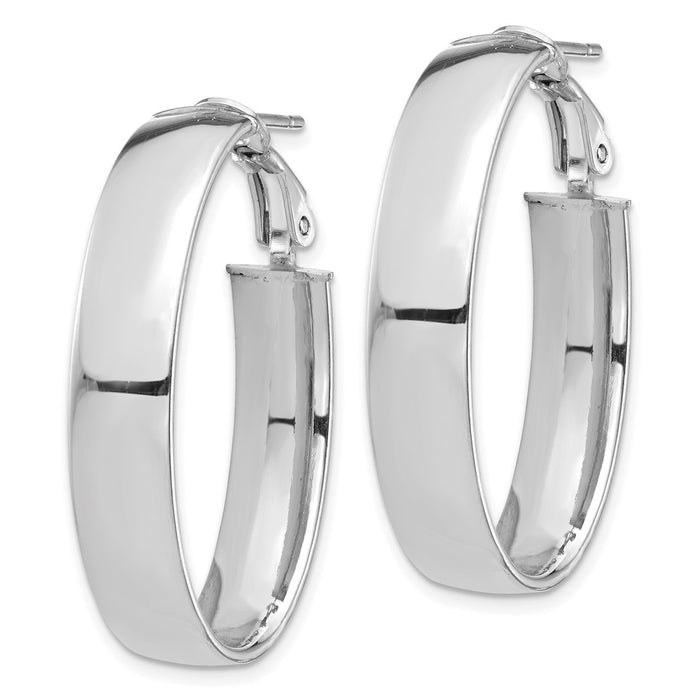 14k White Gold High Polished 7mm Omega Back Oval Hoop Earrings