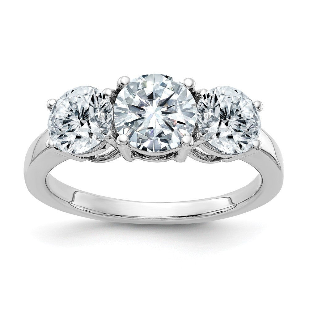 14kw 2 1/5ct. Three Stone D E F Pure Light Round Moissanite Ring