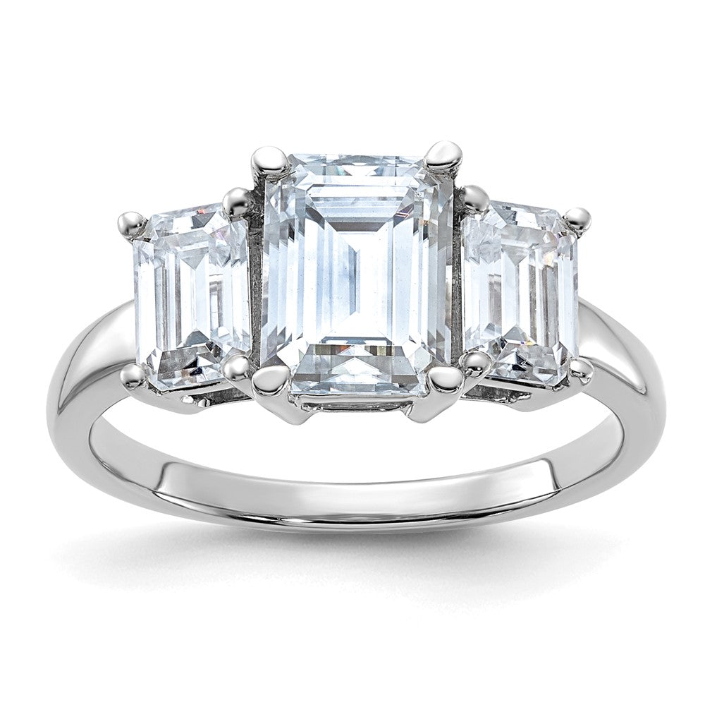14kw 2 7/8ct. Three Stone D E F Pure Light Emerald-cut Moissanite Ring