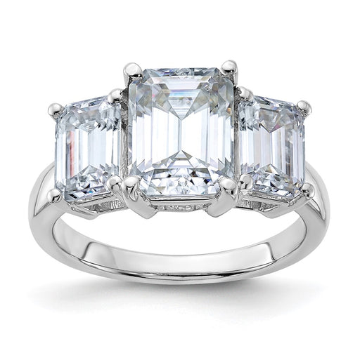 14kw 4 3/4ct. Three Stone D E F Pure Light Emerald-cut Moissanite Ring