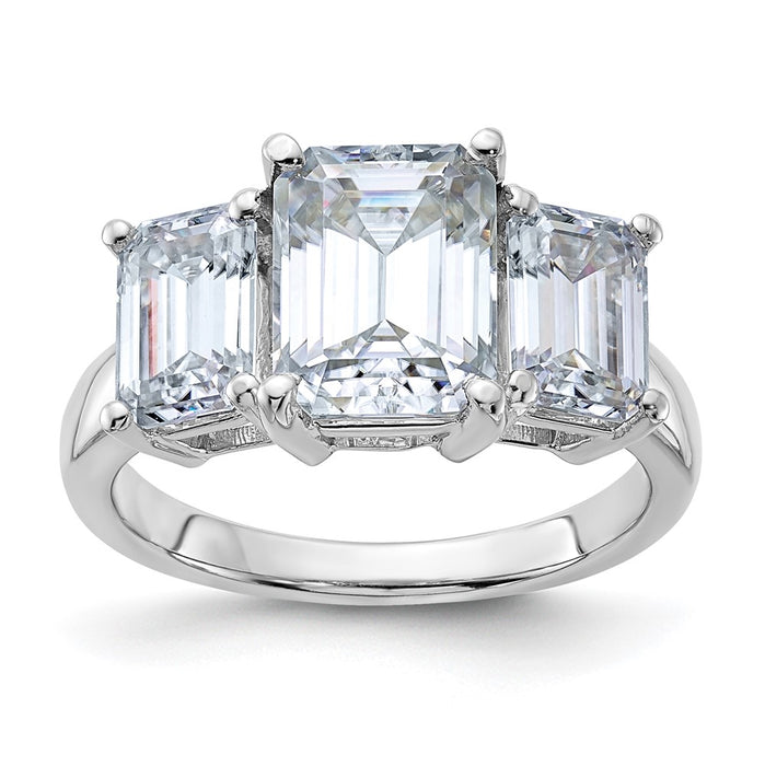 14kw 4 3/4ct. Three Stone D E F Pure Light Emerald-cut Moissanite Ring