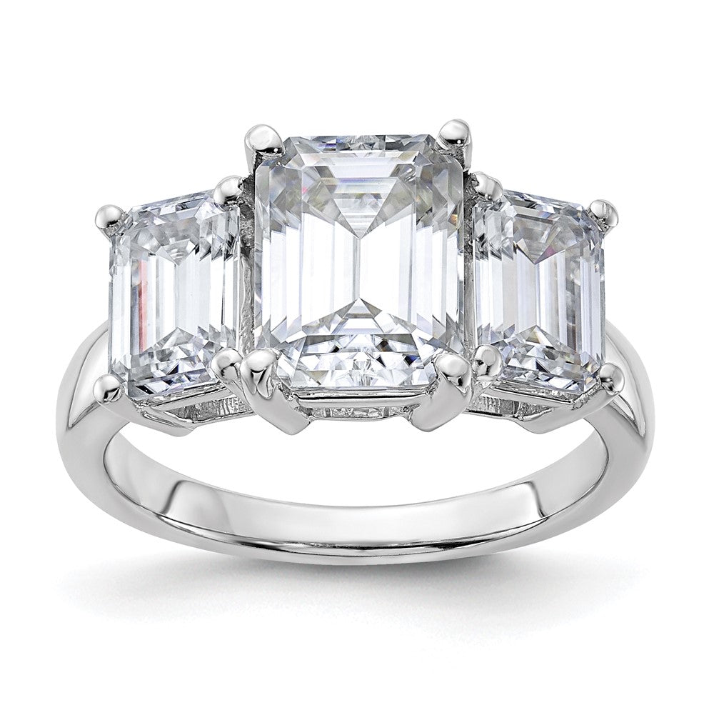 14kw 4 3/4ct. Three Stone G H I True Light Emerald-cut Moissanite Ring