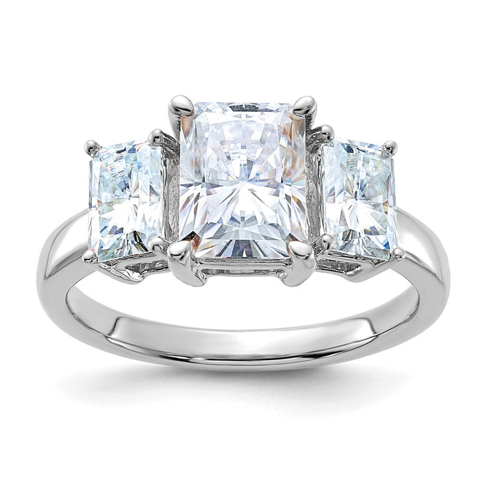 14kw 3 1/5ct. Three Stone D E F Pure Light Octagon Moissanite Ring