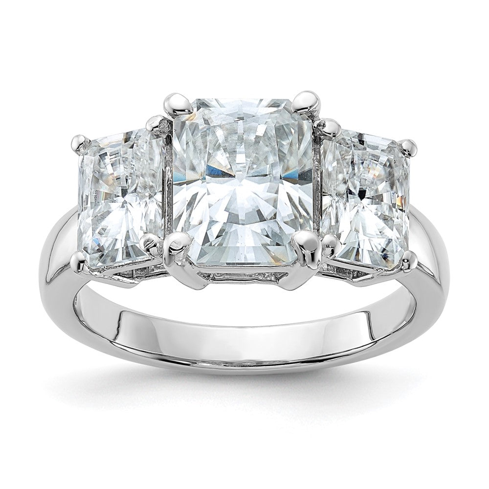 14kw 5 1/3ct. Three Stone D E F Pure Light Octagon Moissanite Ring