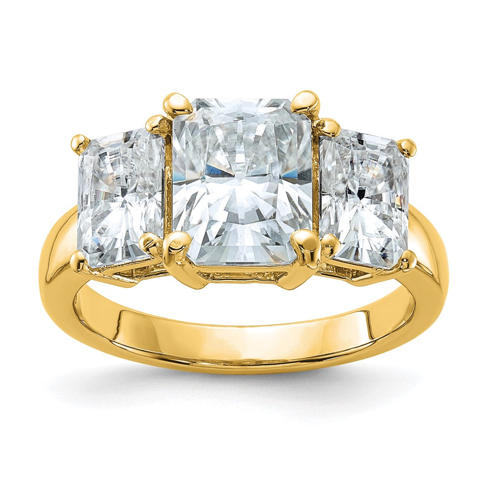 14k 5 1/3ct. Three Stone D E F Pure Light Octagon Moissanite Ring