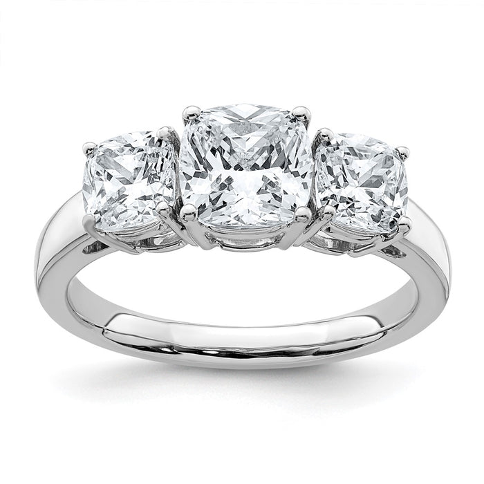 14kw 2 1/2ct. Three Stone D E F Pure Light Cushion Moissanite Ring