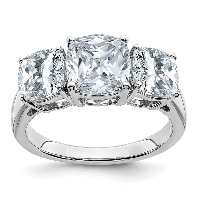 14kw 4 1/5ct. Three Stone D E F Pure Light Cushion Moissanite Ring