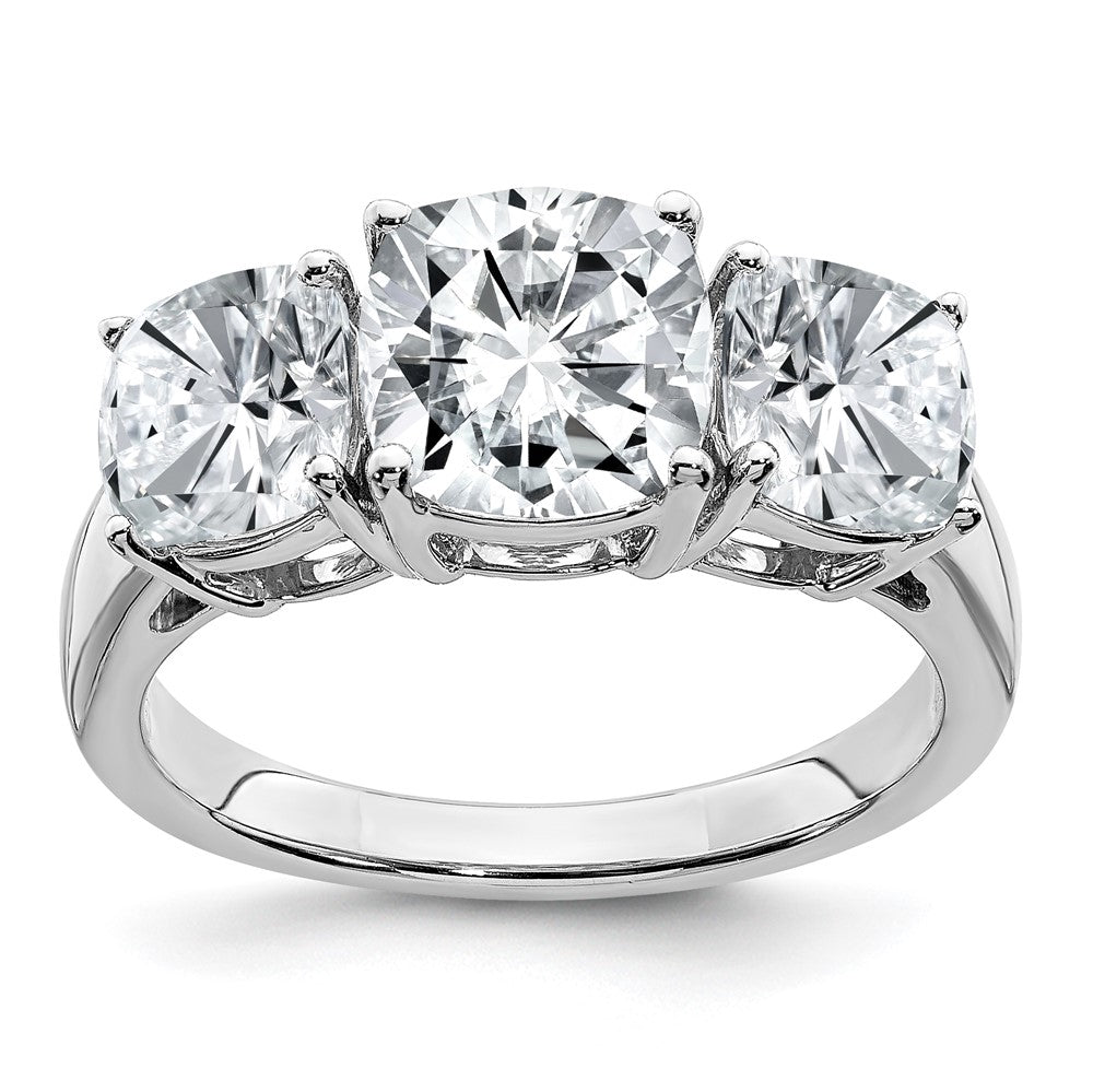 14kw 4 1/5ct. Three Stone G H I True Light Cushion Moissanite Ring