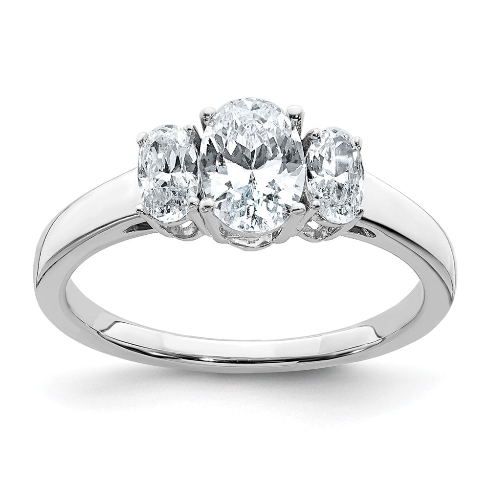 14kw 1 5/8ct. Three Stone D E F Pure Light Oval Moissanite Ring