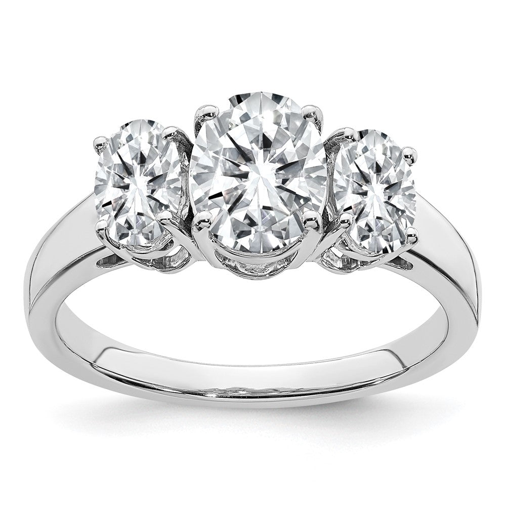 14kw 2 7/8ct. Three Stone G H I True Light Oval Moissanite Ring