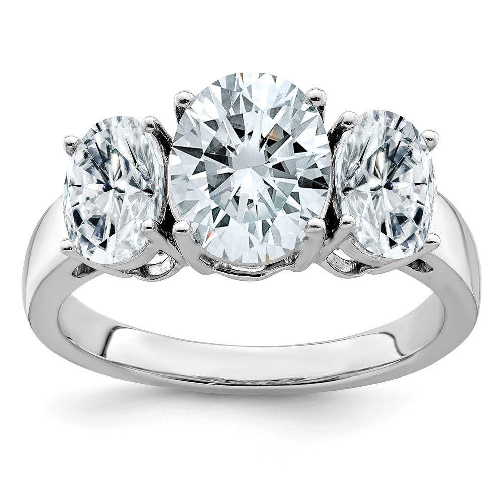 14kw 4 3/4ct. Three Stone D E F Pure Light Oval Moissanite Ring