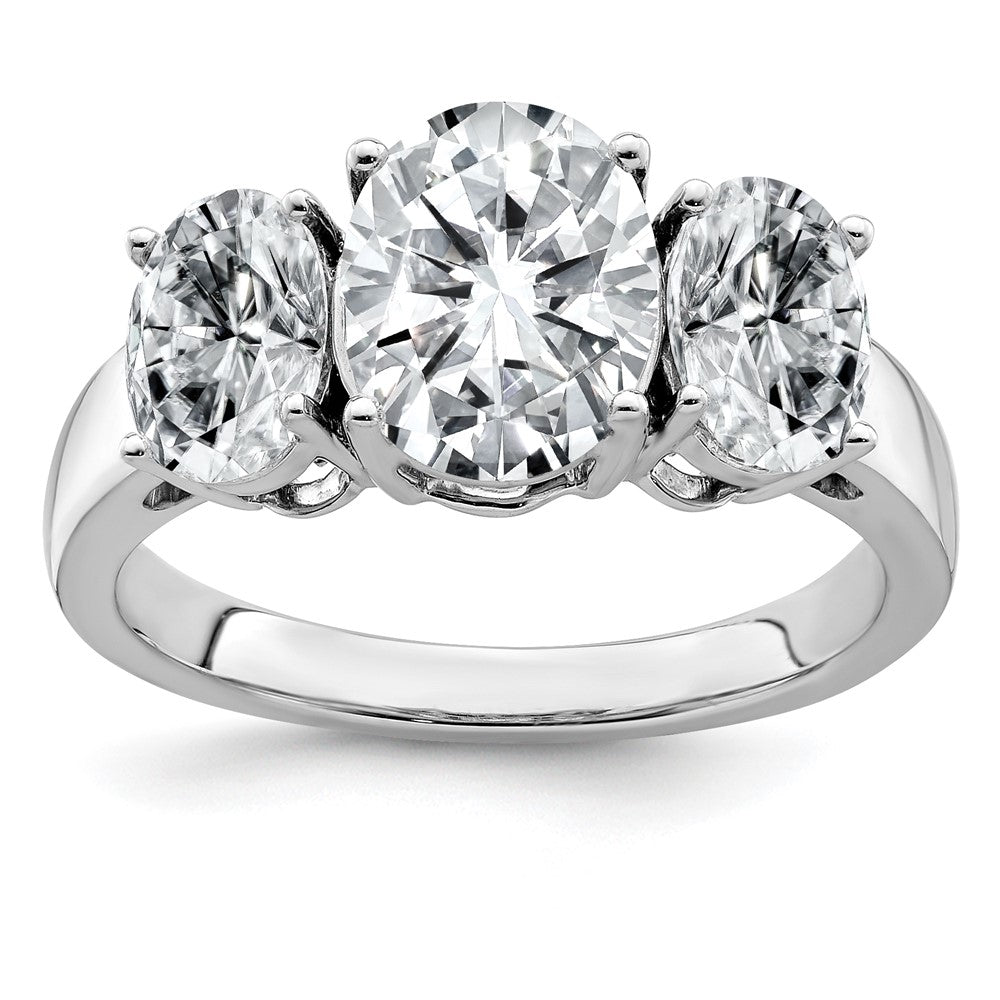 14kw 4 3/4ct. Three Stone G H I True Light Oval Moissanite Ring