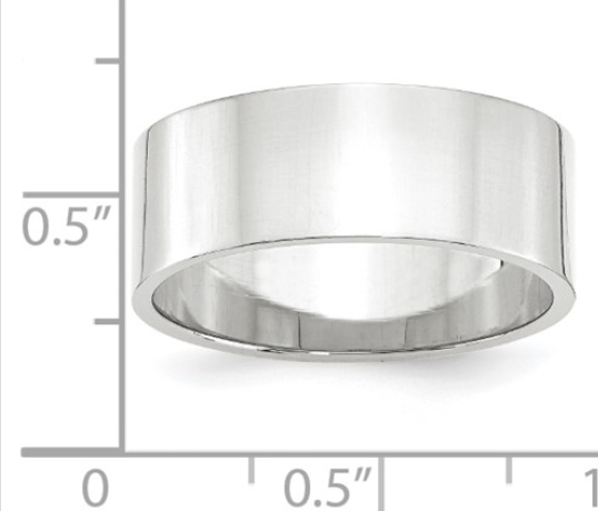 2 RINGS- 10 KARAT WHITE GOLD FLAT WEDDING BANDS: 5MM AND 8 MM HIGH POLISHED