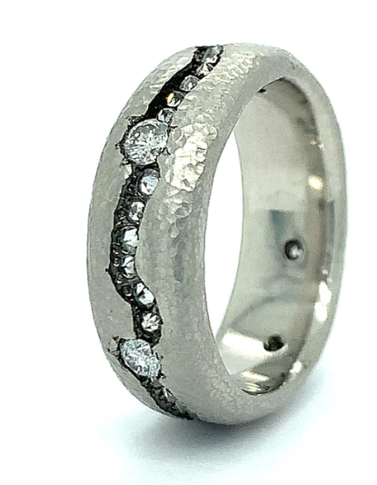 Custom hammered 7mm size 12, 10 karat white gold mens wedding band