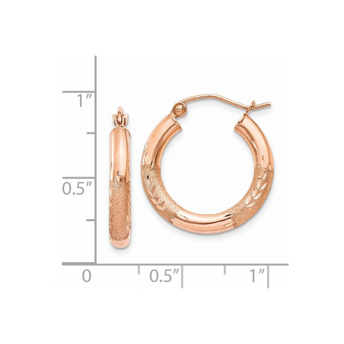 14k Rose Gold 3mm Satin and Diamond-cut Hoop Earrings