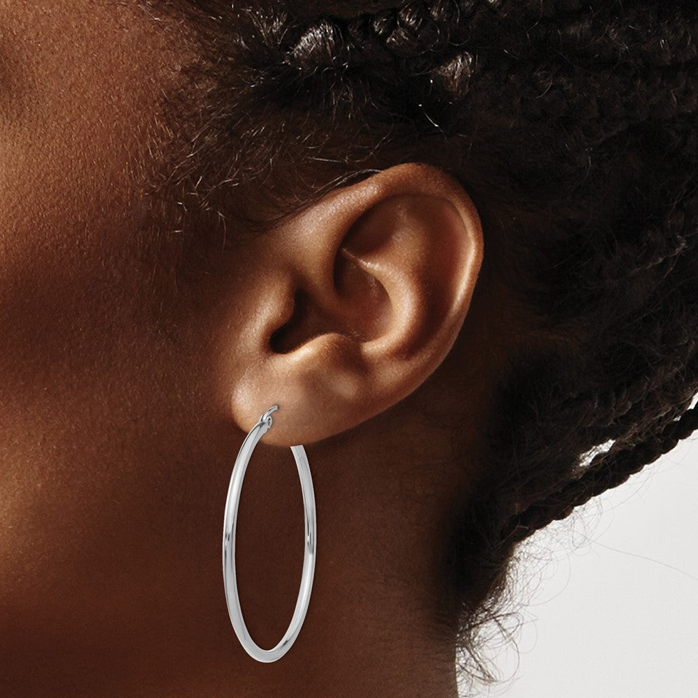 14k White Gold Polished 2x40mm Tube Hoop Earrings