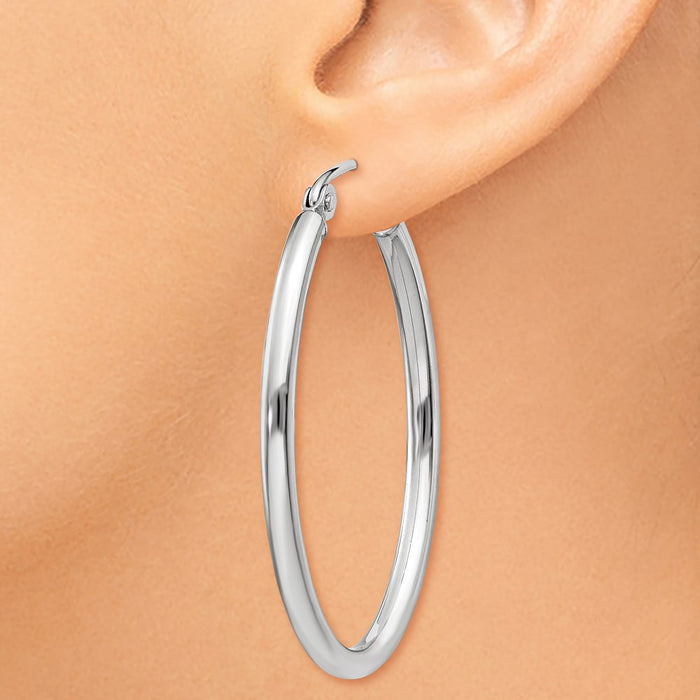 14k White Gold Polished 2mm Oval Tube Hoop Earrings