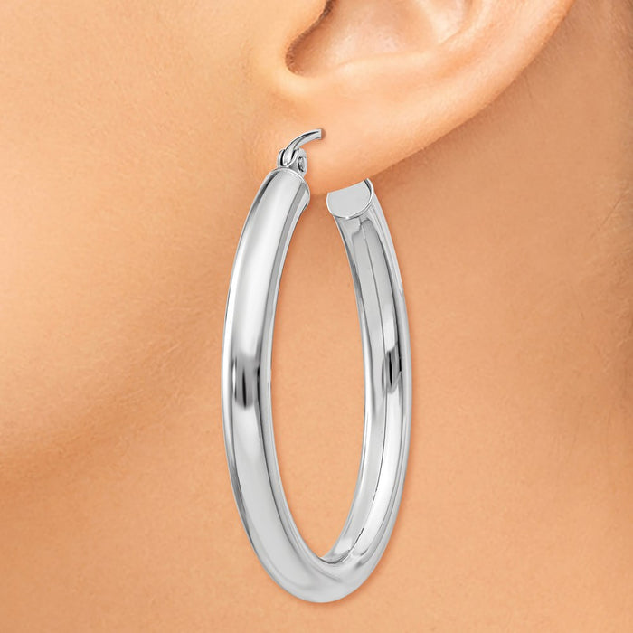 14k White Gold Polished 3.5mm Oval Tube Hoop Earrings