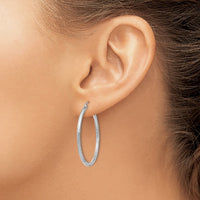 Thumbnail for 14k White Gold Satin and Diamond-cut 2mm Round Hoop Earrings