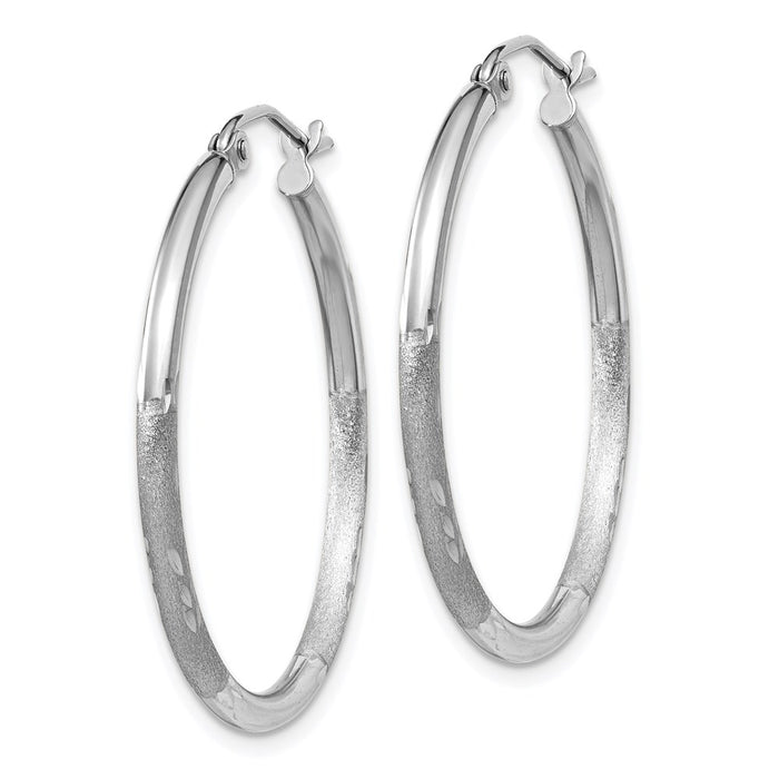 14k White Gold Satin and Diamond-cut 2mm Round Hoop Earrings