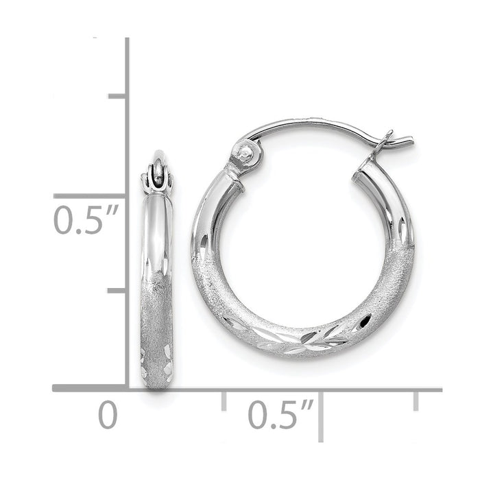 14k White Gold Satin and Diamond-cut 2mm Round Hoop Earrings