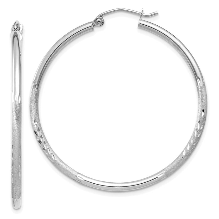 14k White Gold Satin and Diamond-cut 2mm Round Hoop Earrings