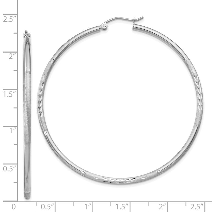 14k White Gold Satin and Diamond-cut 2mm Round Hoop Earrings