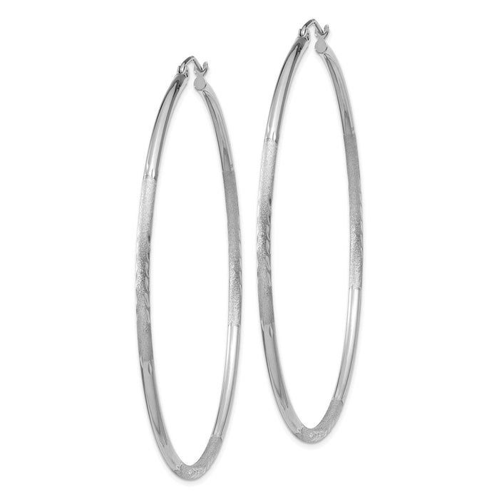 14k White Gold Satin and Diamond-cut 2mm Round Hoop Earrings