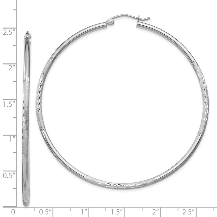 14k White Gold Satin and Diamond-cut 2mm Round Hoop Earrings