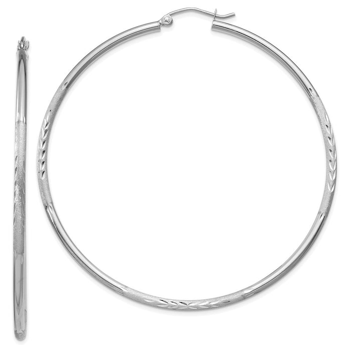 14k White Gold Satin and Diamond-cut 2mm Round Hoop Earrings