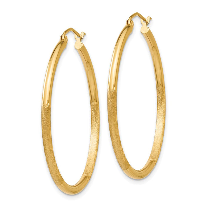 14k Satin and Diamond-cut 2mm Round Tube Hoop Earrings