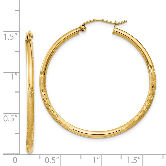 14k Satin and Diamond-cut 2mm Round Tube Hoop Earrings