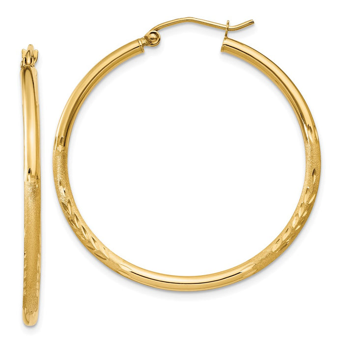 14k Satin and Diamond-cut 2mm Round Tube Hoop Earrings