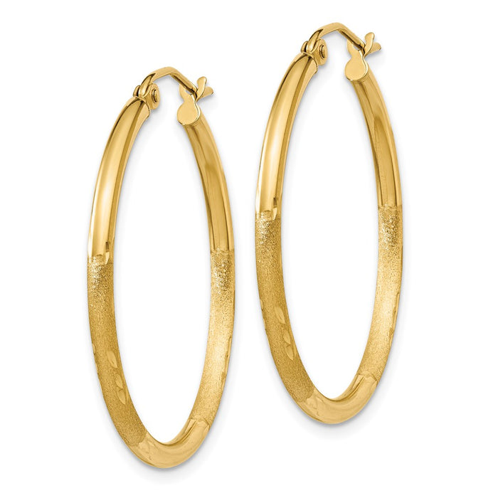 14k Satin and Diamond-cut 2mm Round Tube Hoop Earrings