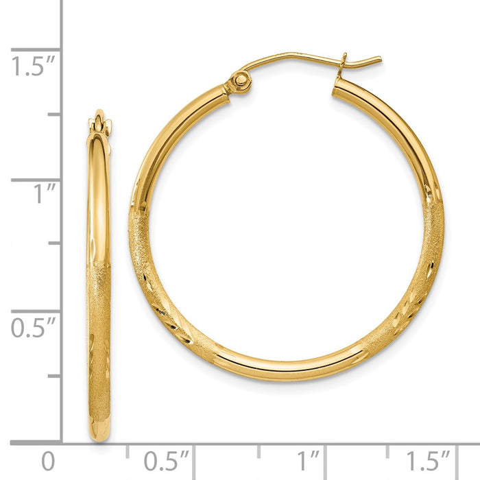 14k Satin and Diamond-cut 2mm Round Tube Hoop Earrings