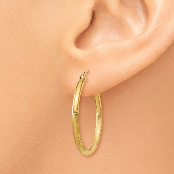 14k Satin and Diamond-cut 2mm Round Tube Hoop Earrings