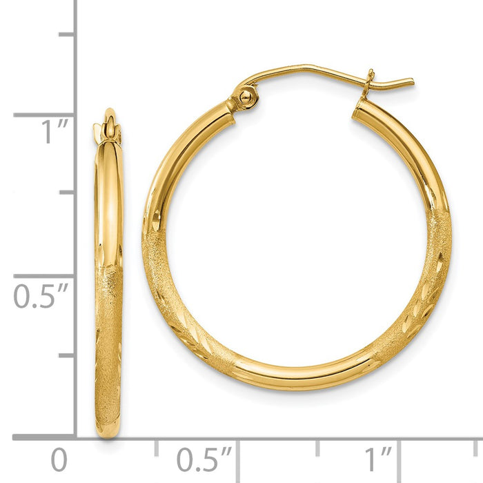 14k Satin and Diamond-cut 2mm Round Tube Hoop Earrings