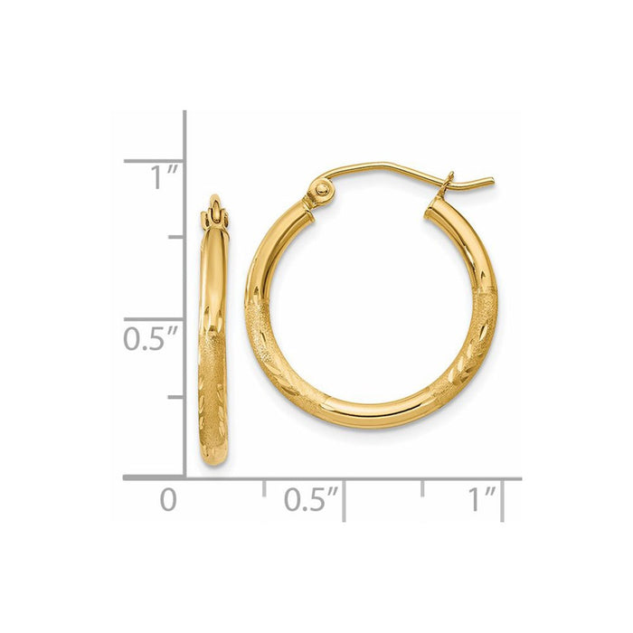 14k Satin and Diamond-cut 2mm Round Tube Hoop Earrings