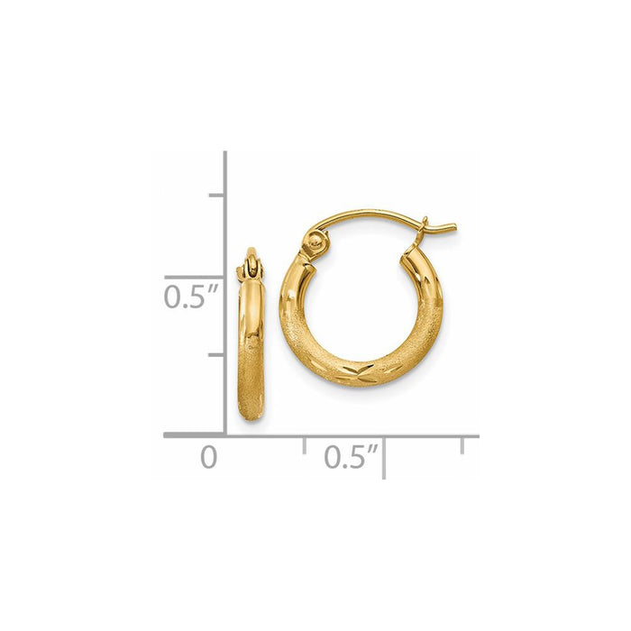14k Satin and Diamond-cut 2mm Round Tube Hoop Earrings